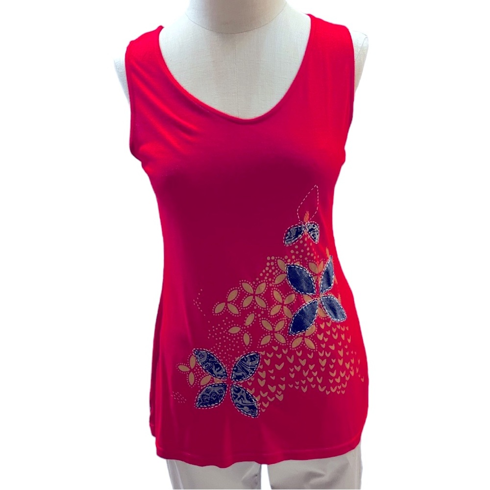 NWT: Made in Nepal red cotton w/denim floral appliqué & embroidery multi- sizes